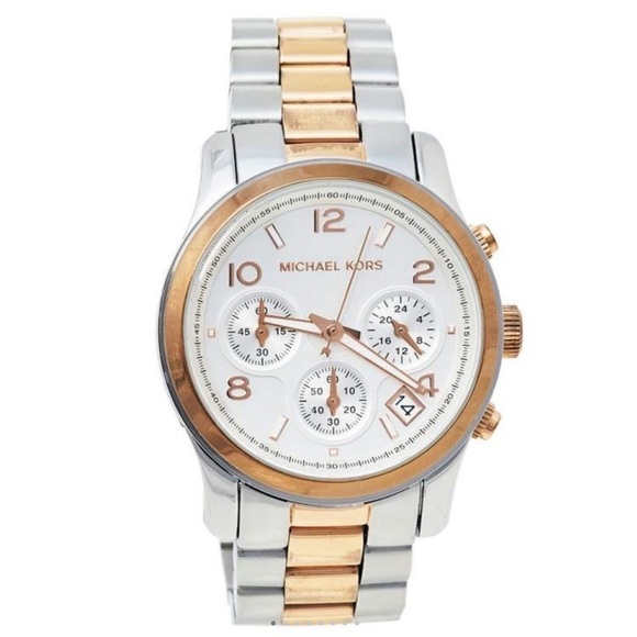 MICHAEL KORS Silver Rose Gold Chronograph Runway Watch New Battery Ready to Wear - Picture 5 of 10